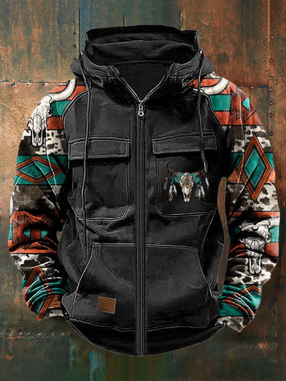Men's Vintage Western Print Multi-Pocket Jacket