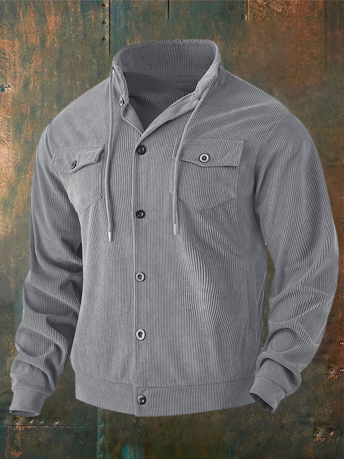 Men's Jacquard Stand Collar Solid Color Retro Multi-Pocket Jacket