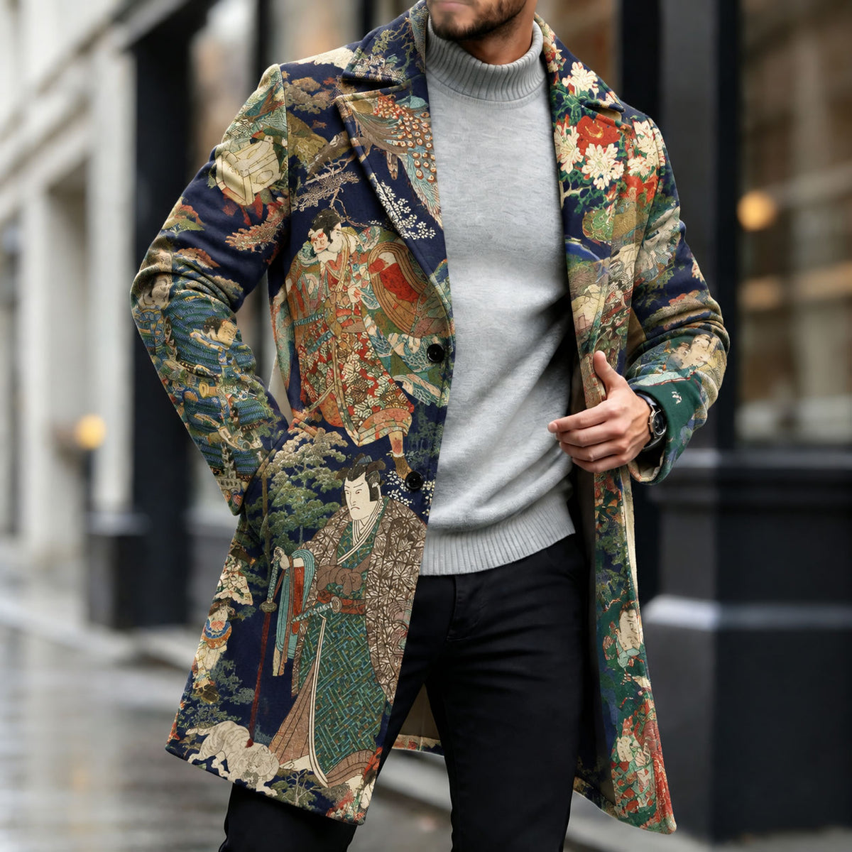 Men's Abstract-Print Wool Overcoat