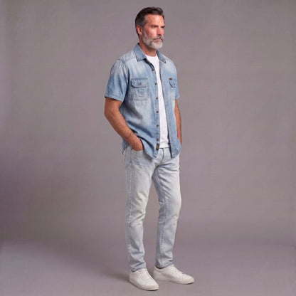Men's Summer Short-Sleeve Denim Shirt