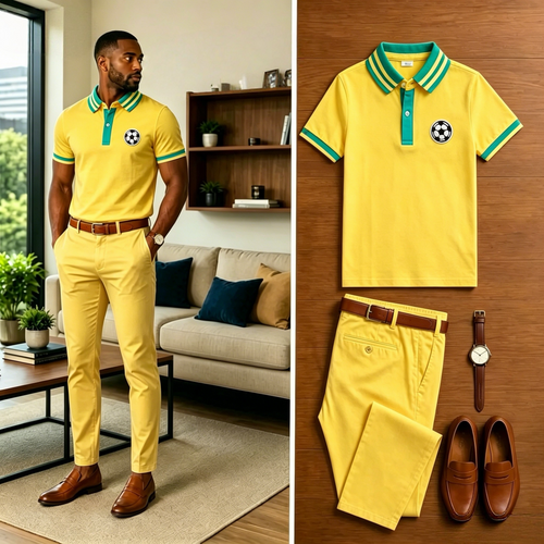 Men's Casual Yellow Green Contrasting Printed Polo Shirt And Pants Two-Piece Set