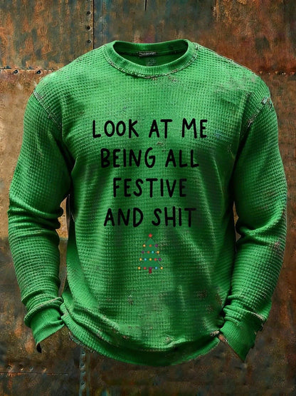 Men's Christmas Printed Design Waffle Fabric Long Sleeve T-Shirt