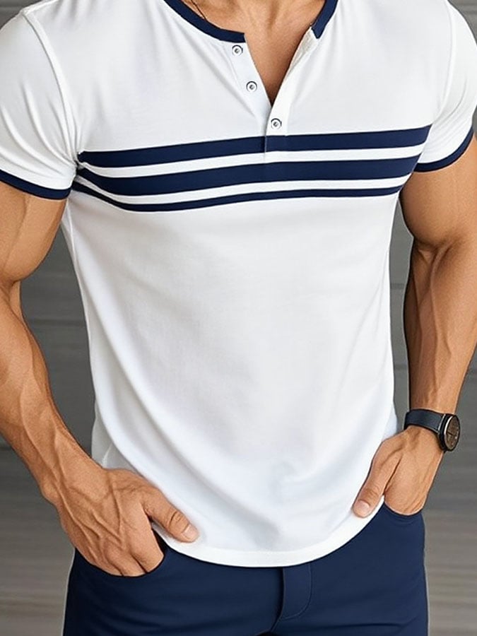 Men's Casual Striped Print Short Sleeve Henley Shirt