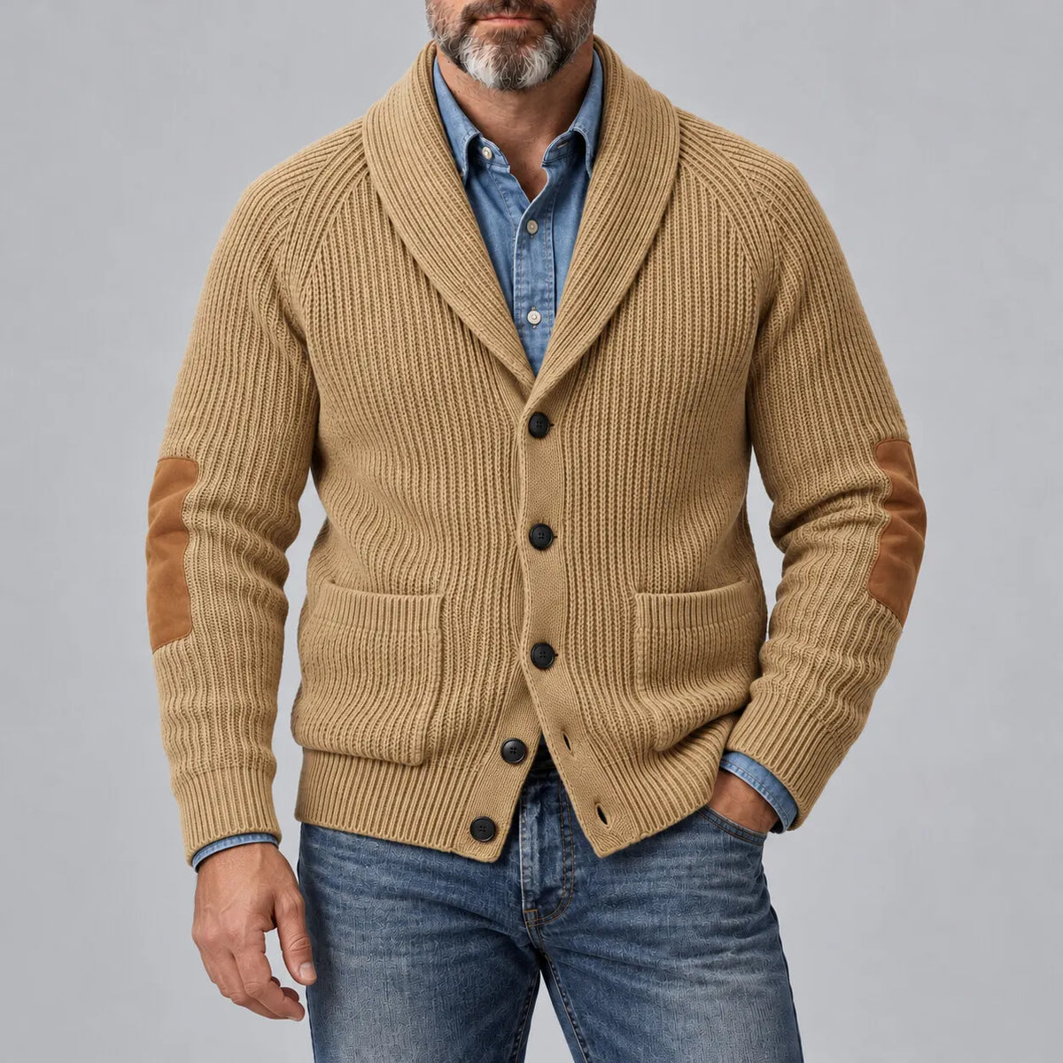 Men's Navy Blue Shawl Lapel Single Breasted Patchwork Ribbed Knit Sweater Cardigan