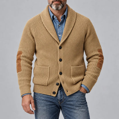 Men's Navy Blue Shawl Lapel Single Breasted Patchwork Ribbed Knit Sweater Cardigan