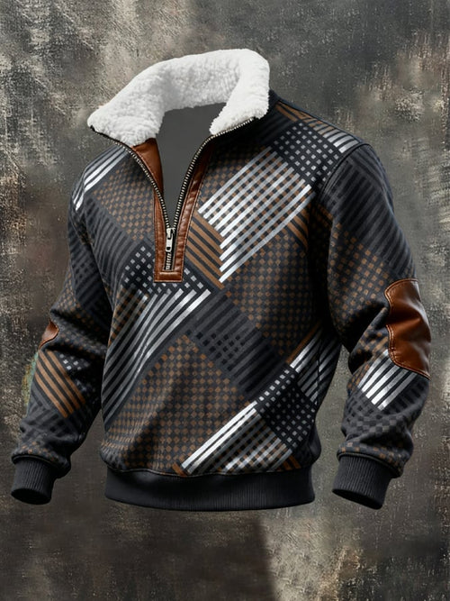 Men's Retro Distressed Color Block Print Casual Fur Collar Long Sleeve Sweatshirt