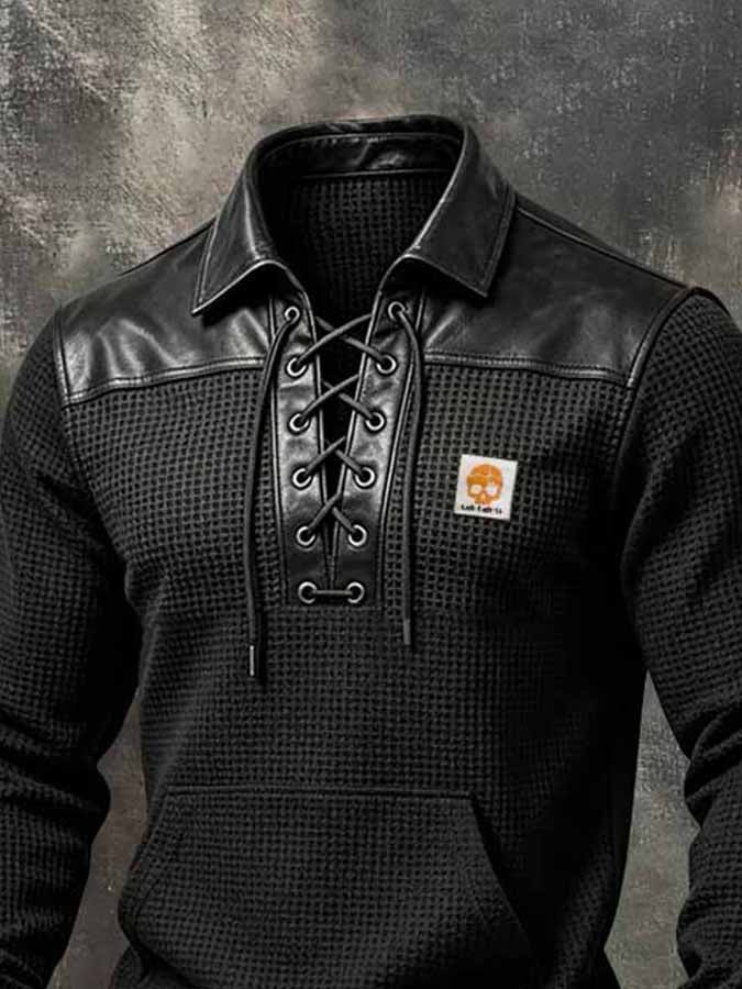 Men's Retro Waffle-Knit & Leather-Panel Lace-Up Collar Sweatshirt