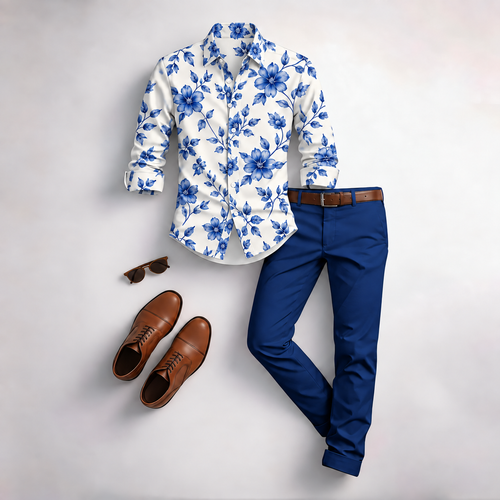 Men's Vintage Floral Print Long-Sleeve Shirt and Pants Set