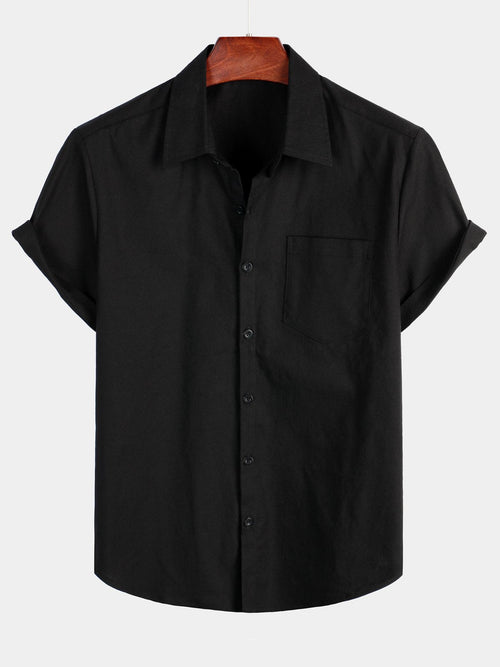 Men's Solid Color Linen Cotton Pocket Casual Short Sleeve Shirt