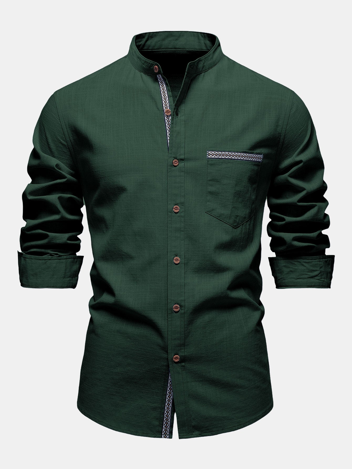Contrast Trim Linen Look Stand Collar Shirt