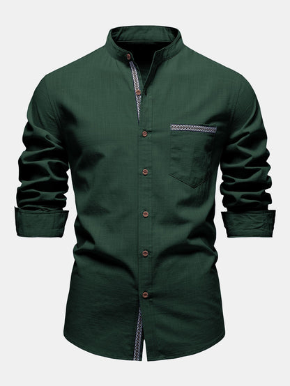 Contrast Trim Linen Look Stand Collar Shirt