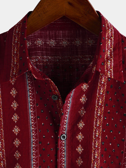 Men's Retro Red Striped Print Button Up 70s Vintage Short Sleeve Shirt