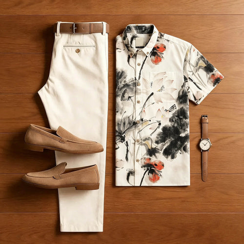 Men Chinese Ink Lotus Print Short Sleeve Shirt & Beige Pants Two Piece Set