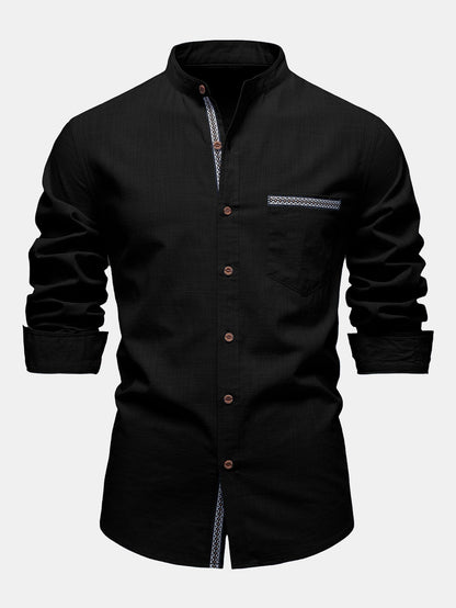 Contrast Trim Linen Look Stand Collar Shirt