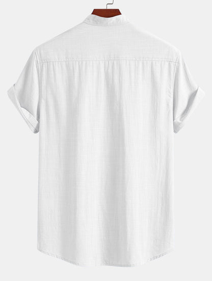Short Sleeve Linen Look Stand Collar Shirt
