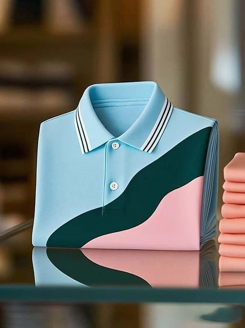 Men's Classic Business Irregular Contrast Logo Button Short Sleeve Polo Shirt