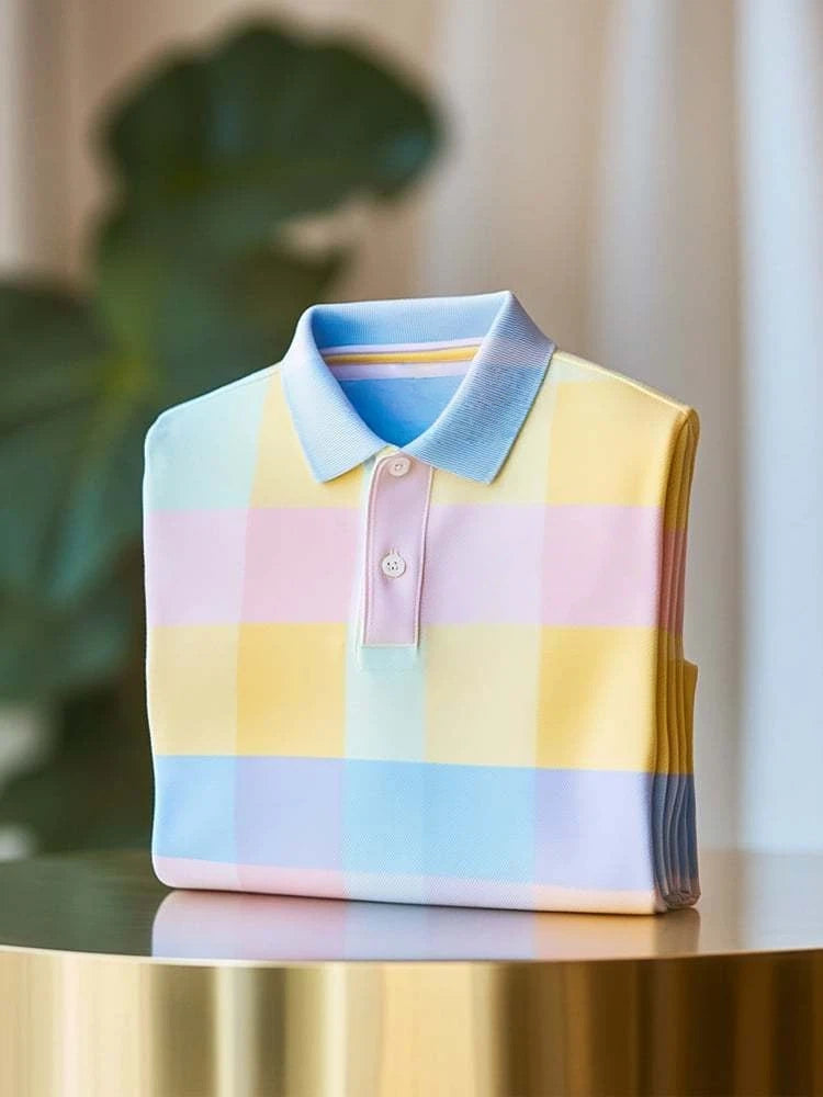 Men's Classic Business Check Logo Button Short Sleeve Polo Shirt