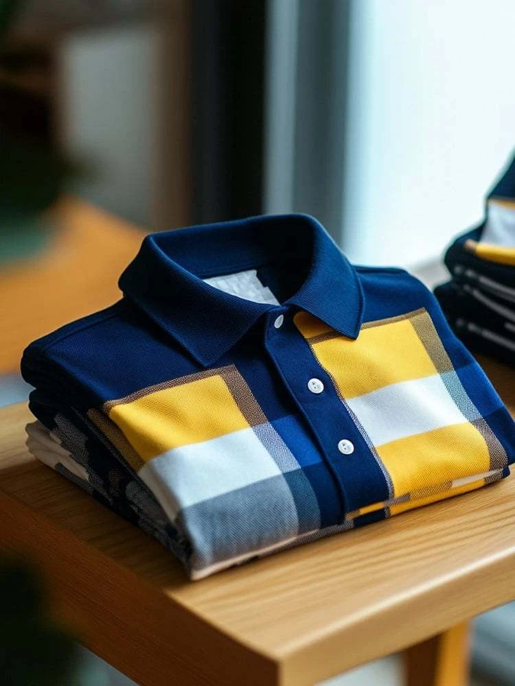 Men's Business Casual Blue and Yellow Block Logo Button Short Sleeve Polo Shirt