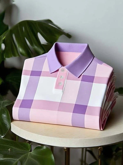 Men's Classic Business Check Logo Button Short Sleeve Polo Shirt
