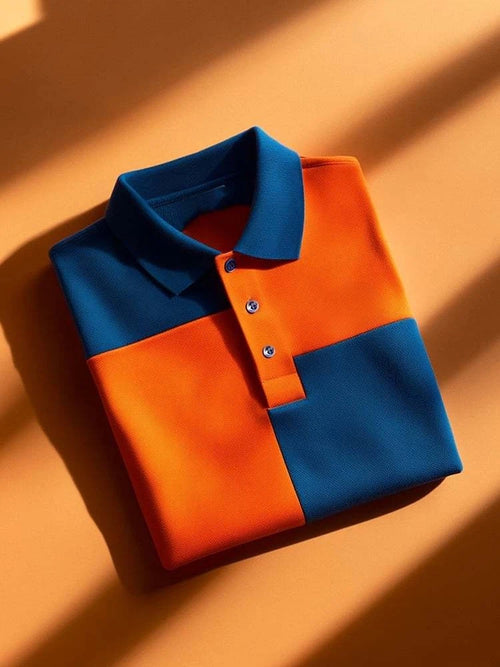 Men's Business Casual Orange Blue Block Logo Button Short Sleeve Polo Shirt