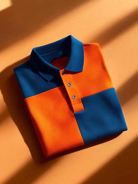 Men's Business Casual Orange Blue Block Logo Button Short Sleeve Polo Shirt