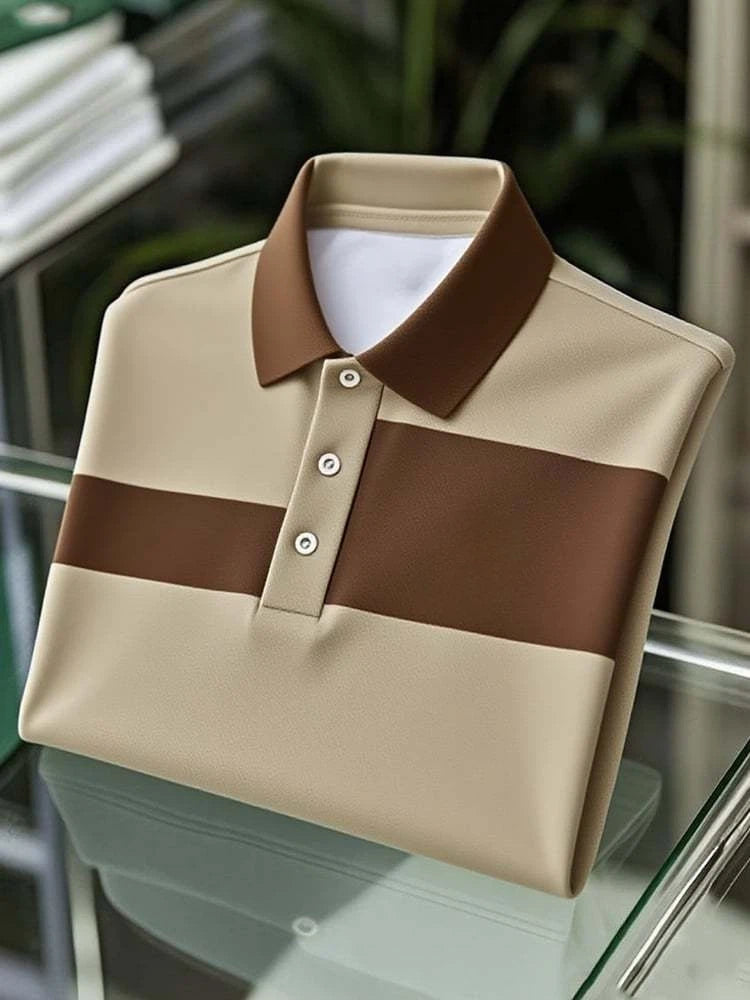 Men's Business Casual Khaki Color Block Logo Button Short Sleeve Polo Shirt