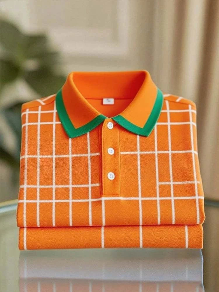 Men's Business Casual Orange Plaid Logo Button Short Sleeve Polo Shirt