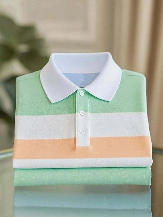 Men's Business Casual Orange and Green Striped Logo Button Short Sleeve Polo Shirt