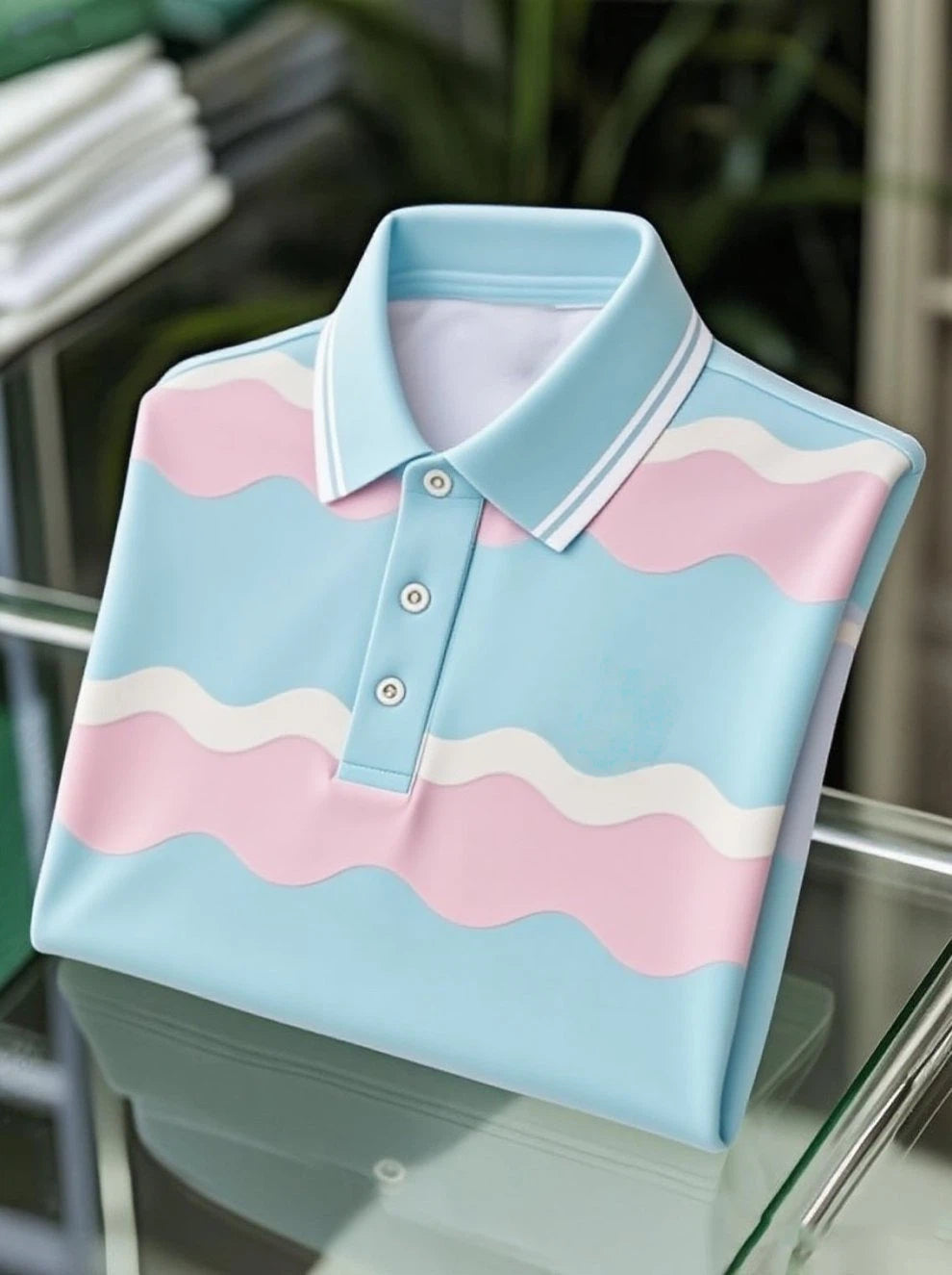 Men's Business Casual Light Blue Wave Logo Button Short Sleeve Polo Shirt