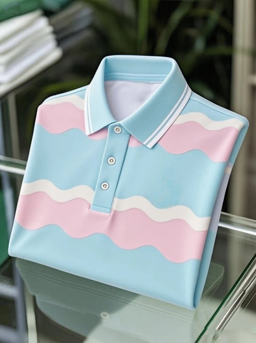 Men's Business Casual Light Blue Wave Logo Button Short Sleeve Polo Shirt