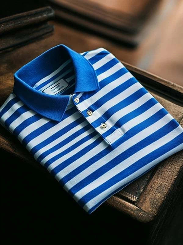 Men's Classic Business Blue and White Striped Logo Button Short Sleeve Polo Shirt
