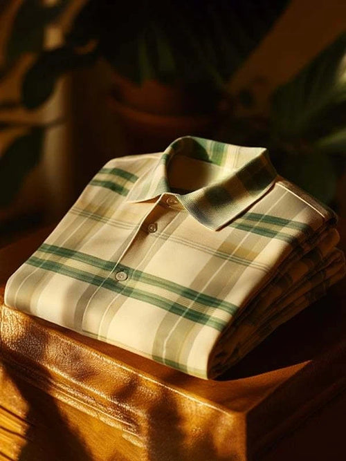 Men's Classic Business Check Logo Button Short Sleeve Polo Shirt