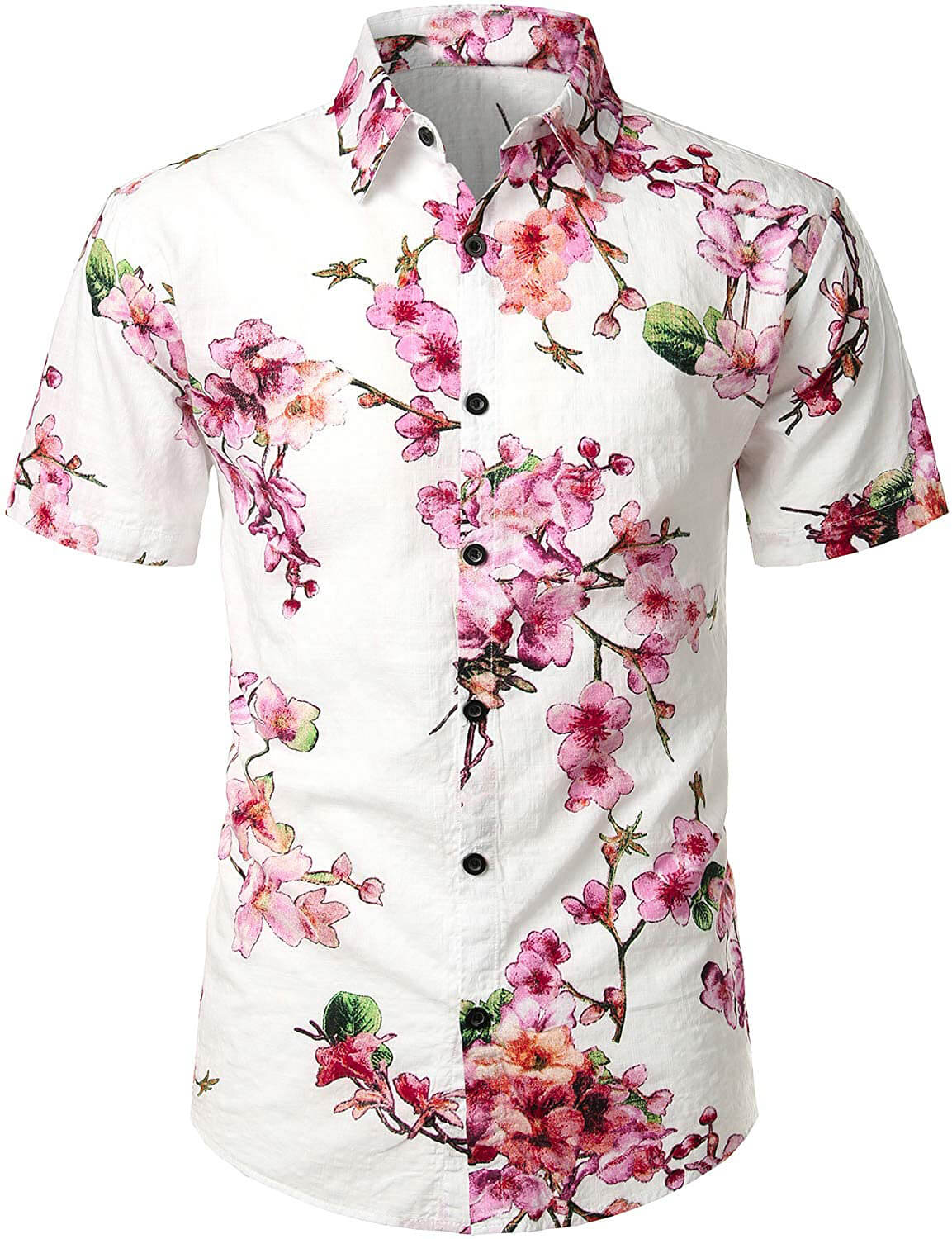 Men's Flower Print Cotton Hawaiian Floral Button Short Sleeve Shirt