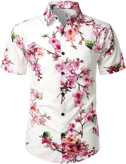 Men's Flower Print Cotton Hawaiian Floral Button Short Sleeve Shirt