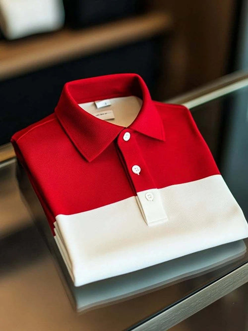 Men's Business Casual White and Red Block Logo Button Short Sleeve Polo Shirt