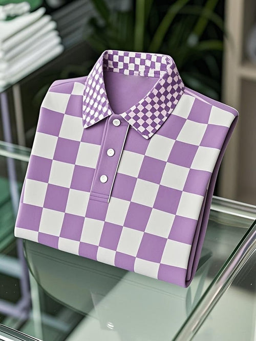 Men's Business Casual Checkerboard Logo Button Short Sleeve Polo Shirt