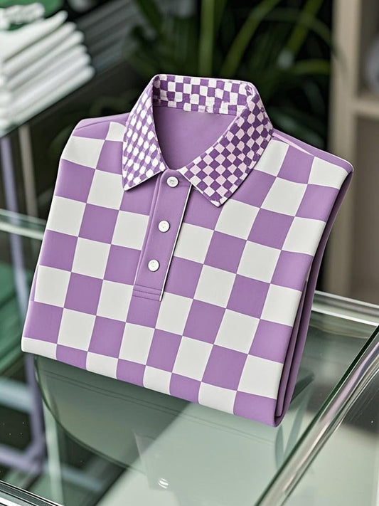 Men's Business Casual Checkerboard Logo Button Short Sleeve Polo Shirt