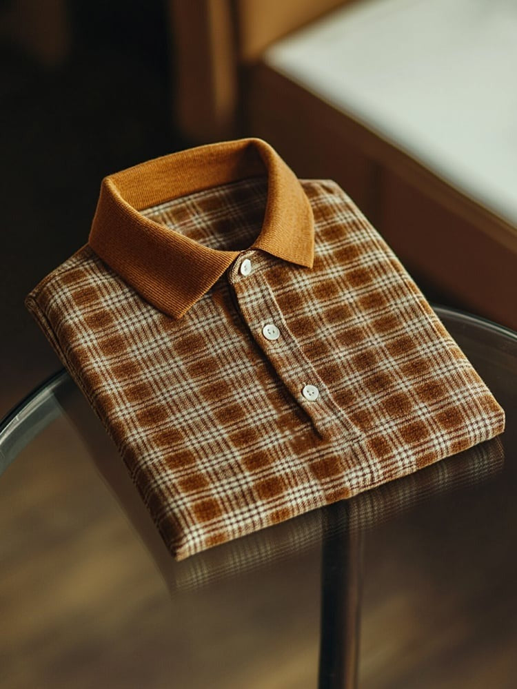 Men's Business Casual Plaid Logo Button Short Sleeve Polo Shirt