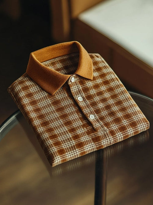 Men's Business Casual Plaid Logo Button Short Sleeve Polo Shirt