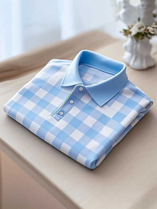 Men's Business Casual Plaid Logo Button Short Sleeve Polo Shirt