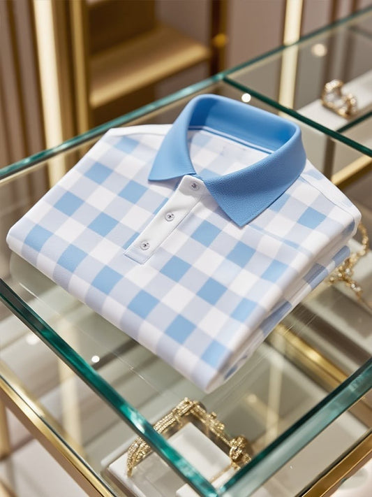Men's Business Casual Plaid Logo Button Short Sleeve Polo Shirt