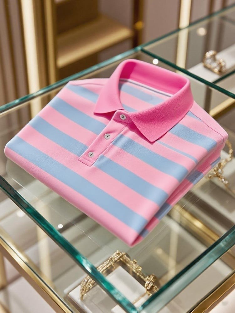 Men's Business Casual Striped Logo Button Short Sleeve Polo Shirt