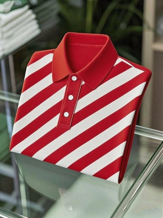 Men's Business Casual Striped Logo Button Short Sleeve Polo Shirt