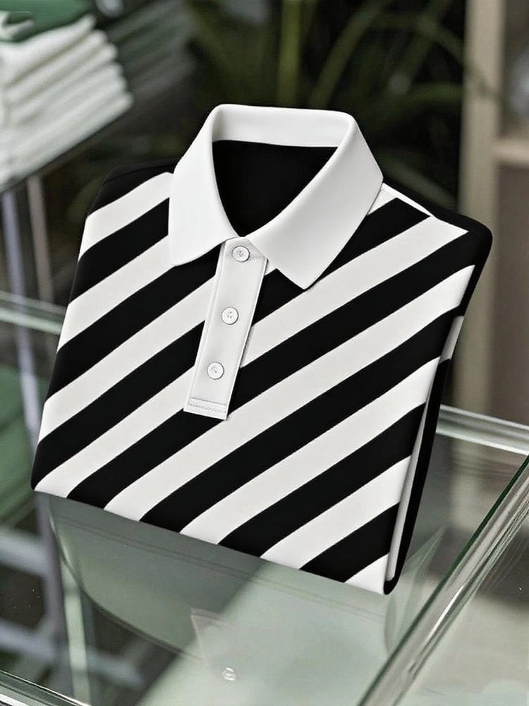 Men's Business Casual Striped Logo Button Short Sleeve Polo Shirt