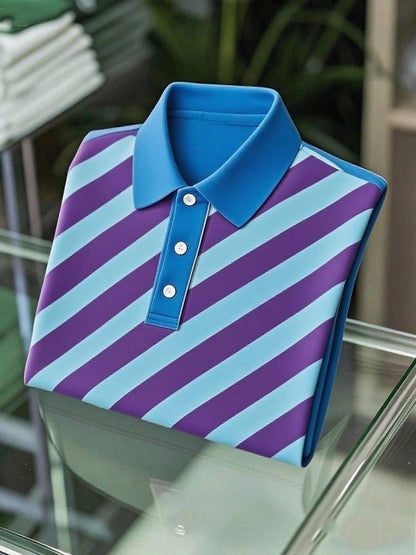 Men's Business Casual Striped Logo Button Short Sleeve Polo Shirt