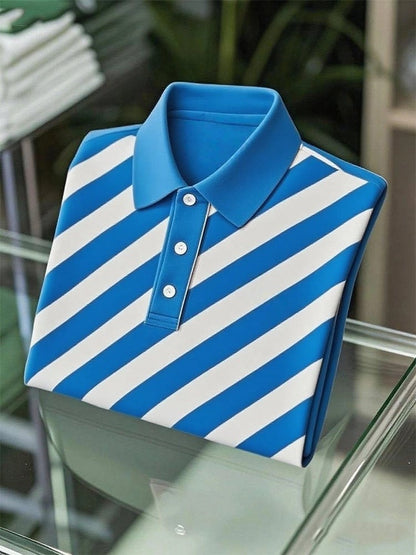 Men's Business Casual Striped Logo Button Short Sleeve Polo Shirt