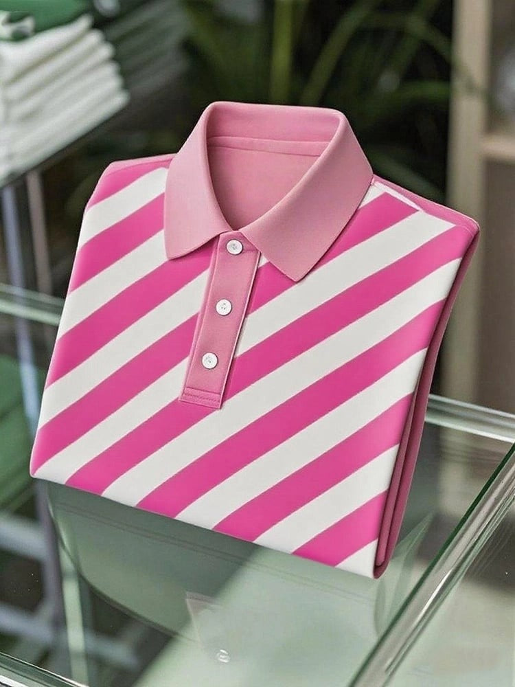 Men's Business Casual Striped Logo Button Short Sleeve Polo Shirt