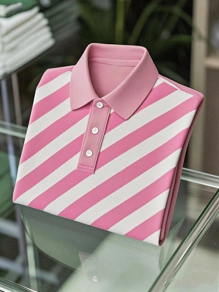 Men's Business Casual Striped Logo Button Short Sleeve Polo Shirt