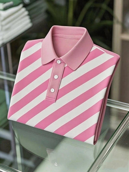 Men's Business Casual Striped Logo Button Short Sleeve Polo Shirt