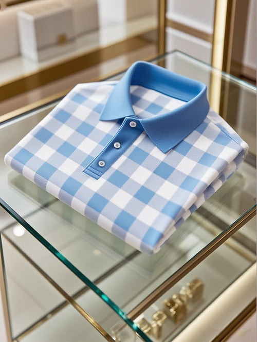 Men's Business Casual Plaid Logo Button Short Sleeve Polo Shirt